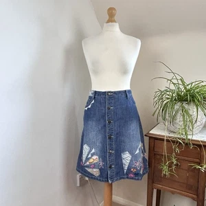 Joe Browns Denim Skirt UK 14 A-Line Blue Button-Up Aplique Kites Knee Length - Picture 1 of 14