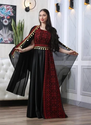 Mujeres palestinas bordadas Thobe Tatrez sin mangas con detalles de satén y monedas Foto 1 de 4