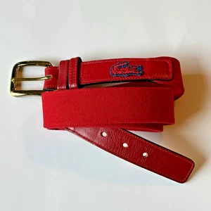 VINTAGE 80s Lacoste Belt Men Size 36 Red Leather Cotton Elastic Stretch Preppy - Picture 1 of 17
