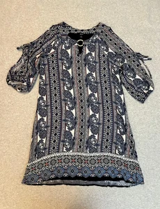 Naif Boho Paisley Print Dress Women’s M Blue White Open Shoulder Keyhole Tunic - Picture 1 of 12