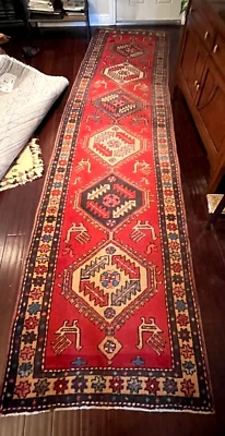 ALFOMBRA 3X12 ANTIGUA HEREZ RUNNER LANA ANUDADA A MANO ROJA De colección, Geométrica, Defectos Foto 1 de 4