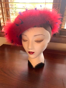 VTG Red 100% Wool Felt Hat w/Ostrich Feather Band/Purple feather Accents - Picture 1 of 8