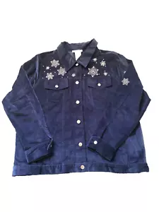 Quacker Factory Jacket Womens Large Soft Button Up Snowman Snowflake Emboirdered - Picture 1 of 14