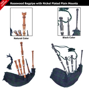 Great Highland Scottish Rosewood Bagpipe Silver Mounts Plain Bagpipes Tutor Book - Picture 1 of 3