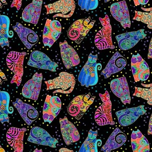 Feline Drive Fabric FANTASTICATS Tossed Cats Black Laurel Burch Sold by the Yard - Picture 1 of 7