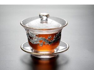  Borosilicate Glass Gaiwan Clear Tureen With Cup Saucer Tin Relief Dragon Flower