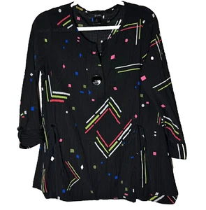 Camisa túnica Ali Miles talla S negra colorida gasa geométrica texturizada artística - Imagen 1 de 13
