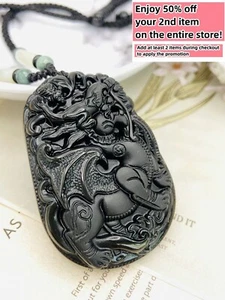 Jade Obsidian Dragon Charm Pendant Necklace Beads Cord Handmade Carved Gemstone - Picture 1 of 8
