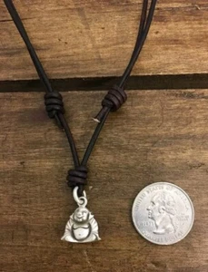 Poor Cat Antiqued Sterling 925 Buddha (3D) Black 25" Leather Adjustable Necklace - Picture 1 of 1