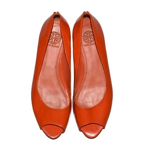 TORY BURCH $298 Naranja Cornelia Peep Toe Cuero Plano Talla 7 M - Imagen 1 de 9