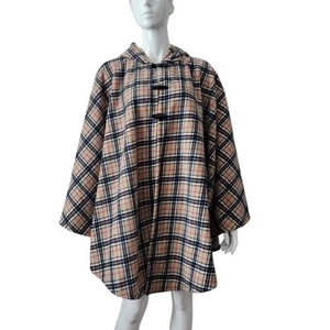 DeliCat Studio Scotland Beige Plaid Cape Poncho with Hood Free Size Fleece - Picture 1 of 9