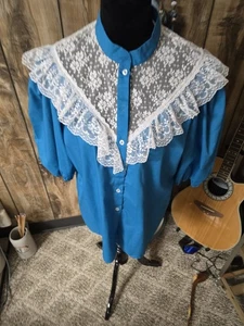 Malco Modes Shirt Spitzenausschnitt Western Square Dancing Shirt Puffärmel Large blau  - Bild 1 von 11