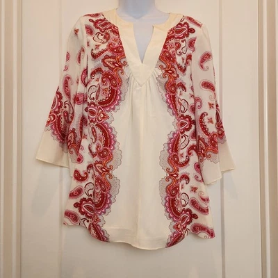 Artsy Silk Bohemian Paisley Bell Sleeve Blouse Size 8 Festival Red Cream Y2K - Image 1 of 4