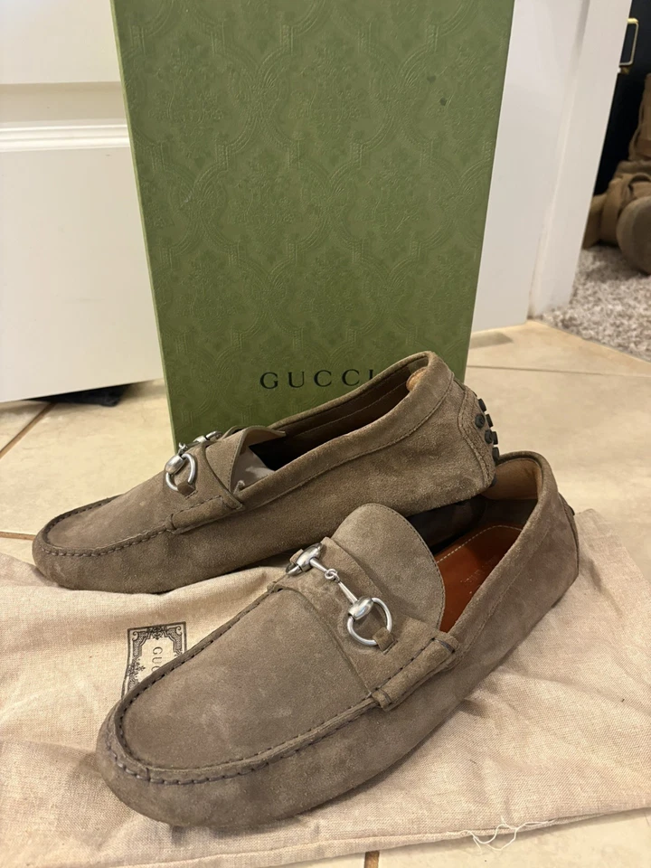 Mocasines de conducción Gucci Choc de cuero caqui plateado Horsebit EU 10 101133 Foto 1 de 4