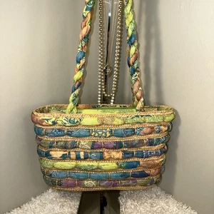 Blue Miami Tote Zip Top Woven Straw & Fabric Green Blue Purple Double Handle Bag - Picture 1 of 21