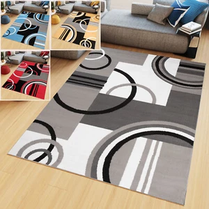 Alfombra de pelo corto moderna círculos geométricos gris azul rojo salón ECOTEX nueva - Imagen 1 de 31
