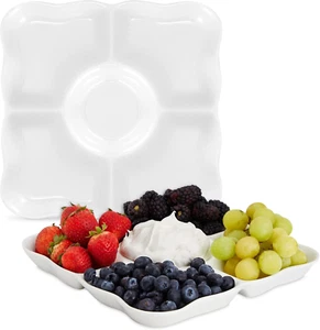 Set of 2 Porcelain Appetizer Serving Trays, 5-Compartment Reusable Divided Platt - Picture 1 of 12
