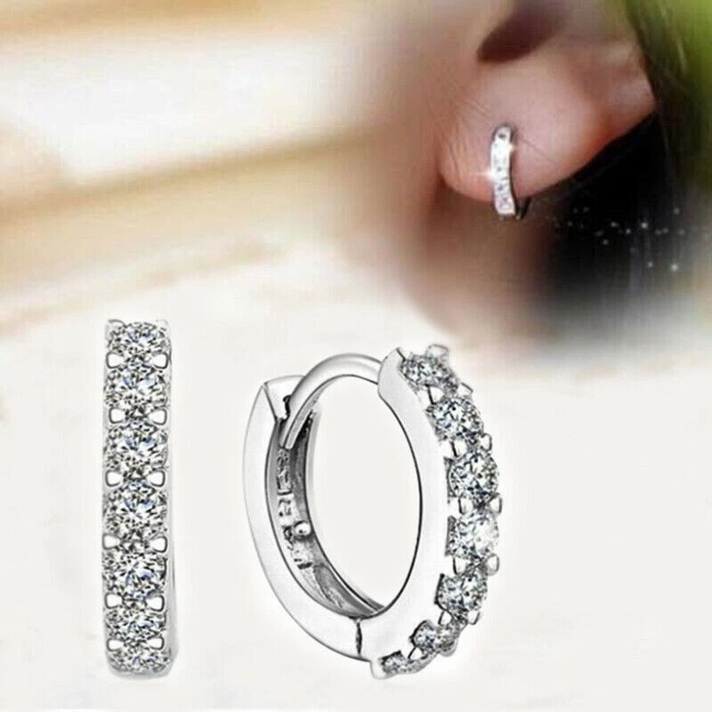 Orecchini a Cerchio Uomo Donna Placcato Rodiato Argento 925 con Strass Zirconi - - Immagine 1 di 3