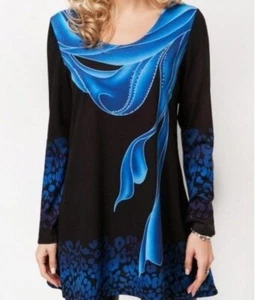 Damen-Minikleid blau und schwarz abstraktes Muster Langarm Größe 2XL. - Bild 1 von 8