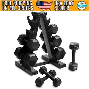 100 Lb Cast Iron Hex Dumbbell Weight Set with Rack Black Gym Workout Home Fit - Picture 1 of 4
