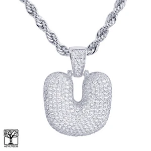 U Initiale versilbert individuell Blase Buchstabe Iced CZ Anhänger 24" Kette Halskette  - Bild 1 von 4