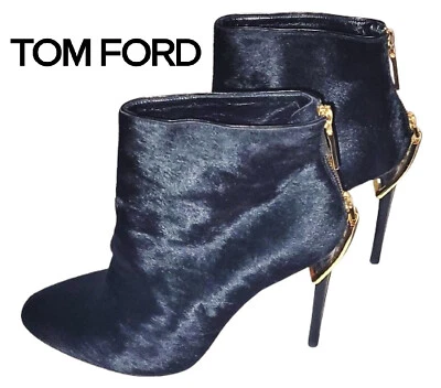 TOM FORD ~ ponyskin Black ankle boots gold zips ~ US: 7 ; EU: 37-37.5 *AUTHENTIC - Image 1 of 4