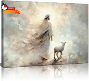 Jesus Wall Art Boho Jesus and Lamb Canvas Wall Art Scripture Wall Art Religious - Picture 1 of 12