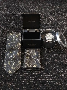 Luxury Mens Tie and Watch Gift Set - BLACK/GOLD - Picture 1 of 10