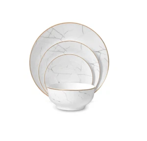 Little White Dish Carrara Marble Dinnerware Set Gold Rim, 16 pieces for 4 people - Picture 1 of 1