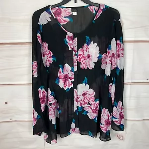 Salon Studio Top Womens 3X Black Floral Blouse Pleated Semi Sheer Button Up - Picture 1 of 7