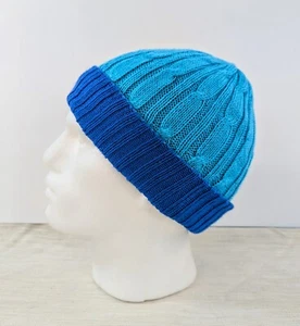 100% Baby Alpaca Reversible Cable Knit Unisex Blue Beanie Extra Soft Boho Peru - Picture 1 of 8
