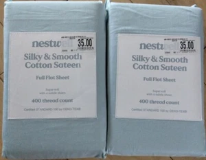 2 Nestwell Silky & Smooth Cotton Sateen Full Flat Sheet 400 TC Starlight Blue Nw - Picture 1 of 4