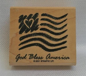 Stampin' Up! Estampilla de goma de madera vintage "God Bless America" con corazón bandera de Estados Unidos - Imagen 1 de 6