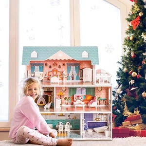 Robud Kids Wooden Dolls House w/ Furniture 3 Storey Dollhouse Playset for Ages3+ - Picture 1 of 10