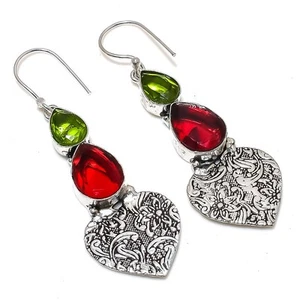 Mozambique Garnet, Peridot Gemstone 925 Sterling Silver Jewelry Earring 2.56" - Picture 1 of 5