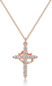 Cross Necklace for Women: Dainty 14k Gold/Silver/Rose Gold Rotated Crown-RG - Picture 1 of 7