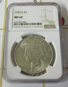 1935-S Peace Silver Dollar NGC graded MS 62 Choice Uncirculated San Francisco $1 - Picture 1 of 2