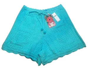 NUOVO Farm Rio Anthropologie pantaloncino fatto a mano all'uncinetto blu acqua taglia media boho - Foto 1 di 11