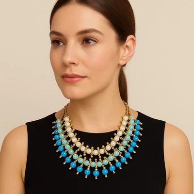 Vintage Blue Turquoise Lucite Bead Choker Necklace Statement Estate Jewelry - Image 1 of 4