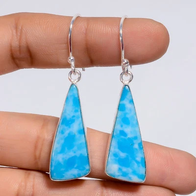 Pendientes colgantes hechos a mano de plata 925 con piedras preciosas Larimar creados en laboratorio 2" ARE-5439 Foto 1 de 3