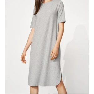 Eileen Fisher Tencel Rib Crew Neck Dress Womens M Gray Stretch Midi Curved Hem - Picture 1 of 10