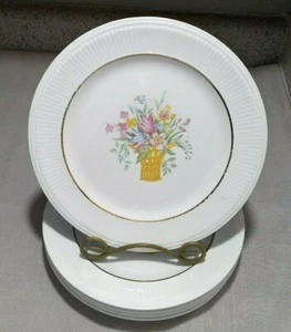5 Vtg Cronin China 9" Luncheon Plates Center Basket of Flowers Ribbed Edge Gold - Picture 1 of 9