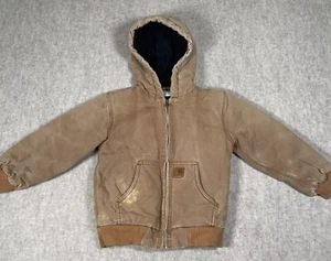 Carhartt Canvas Quilted Lined Hooded Jacket Kids Size 7 Distressed 13706 Brown - Picture 1 of 12