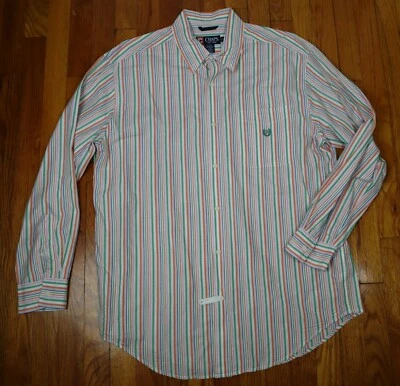Chaps Men's Dress Shirt Size Large Button Up Orange Green Striped Long Sleeve - Image 1 of 4