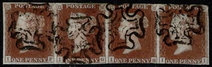1841 1d Red Black Plate 10 IF-II Scarce Strip of Four Good Used Cat. £1,000.00 - Picture 1 of 1