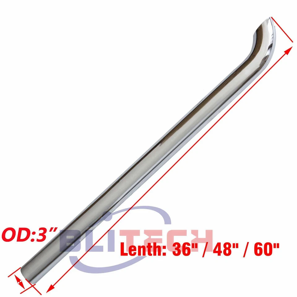 Tubo de escape curvo cromado OD de 3 pulgadas 36" 48" 60" pulgadas de longitud punta de tubo de escape Foto 1 de 1