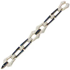Art Deco Stil Design Armband Baguetteschliff blau 10 kt Saphir & weiße Diamanten - Bild 1 von 5