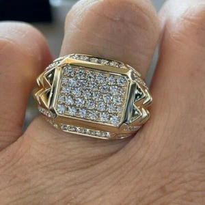 1.64 Ct Round Cut Simulated Diamond Men's Wedding Pinky Ring Yellow Gold Plated - Picture 1 of 7