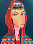 Orig. Peinture FILLE - robe/costume folklorique traditionnel arménien/caucase - ARMÉNIE