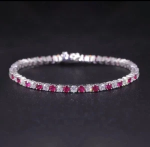Tennis Bracelet Ruby And Moissanite Round 3 MM 925 Sterling Silver 7 Inch 10 Cts - Picture 1 of 5